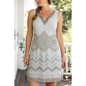 Bella Tu Linen Dress Size‎ 6 Sleeveless Embroidered Boho Shift V Neck Blue